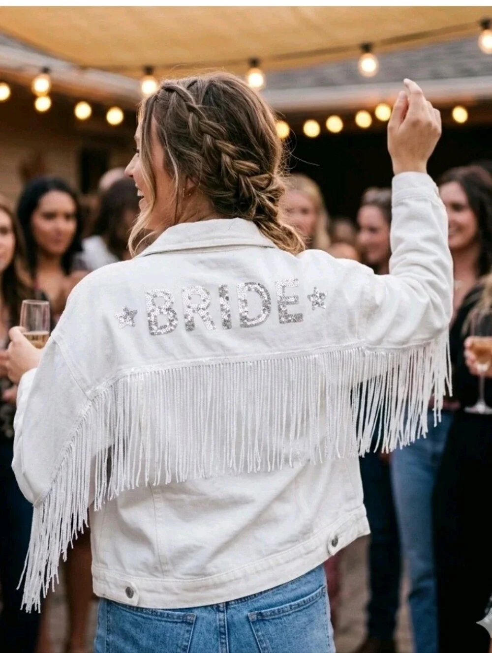 Altar'd State White Fringe 'BRIDE' Denim Jacket - Picture 1 of 12